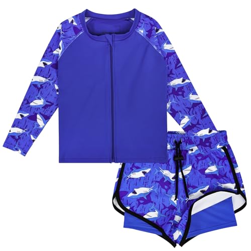 MOEMOE BABY Badeanzug Jungen Kinder Haifisch Zweiteilig UV-Schutz Rash-Guard-Set, Badebekleidung mit Langarm Schwimmshirt und Badeshorts S von MOEMOE BABY