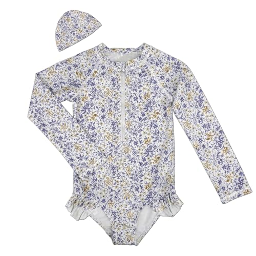 MOEMOE BABY Badeanzug für Mädchen Langarm mit Sonnenhut, UV Schutz 50+ Kinder Schwimmanzug Einteiler mit Reißverschluss,Rüschen & Blumenmuster Schwimmbekleidung 100 von MOEMOE BABY