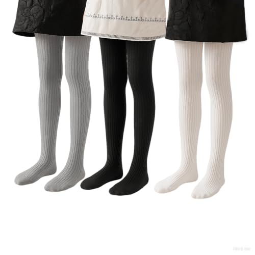 MOEMOE BABY Baumwolle Strumpfhose Mädchen, 3er Pack Kinder Strumpfhosen Set, Kinderstrumpfhosen mit Fuß, Weiße+Schwarz+Grau XL von MOEMOE BABY
