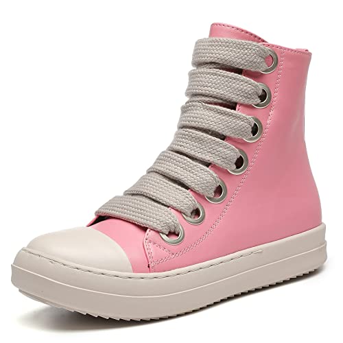 MOFEEDOUKA Damen High Top Sneakers Dicke Schnürsenkel PU Leder Komfort Plateau Walking Schuhe mit Reißverschluss, Pink PU, 41 EU von MOFEEDOUKA