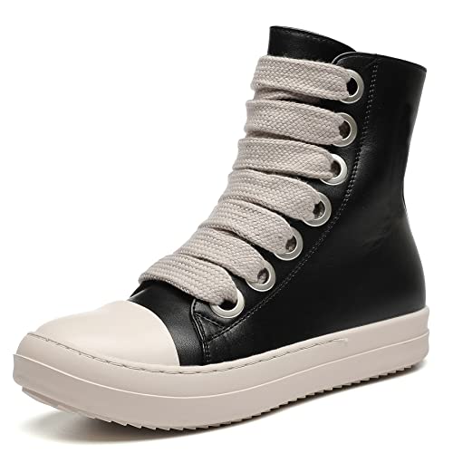 MOFEEDOUKA Damen High Top Sneakers Dicke Schnürsenkel PU Leder Komfort Plateau Walking Schuhe mit Reißverschluss, Schwarz (Black Pu), 39 EU von MOFEEDOUKA