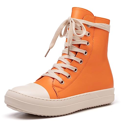 MOFEEDOUKA Damen High Top Sneakers Schnürschuh Komfort Plateau Walking Canvas Schuhe mit Reißverschluss, Orange / Rot PU, 39 EU von MOFEEDOUKA