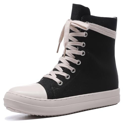 MOFEEDOUKA Damen High Top Sneakers Schnürschuh Komfort Plateau Walking Canvas Schuhe mit Reißverschluss, Schwarz; Leinen, 39 EU von MOFEEDOUKA