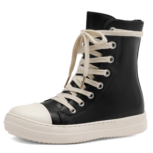 MOFEEDOUKA Damen High Top Sneakers Schnürschuh Komfort Plattform Walking Canvas Schuhe mit Reißverschluss, Schwarz (Black Pu), 43.5 EU von MOFEEDOUKA