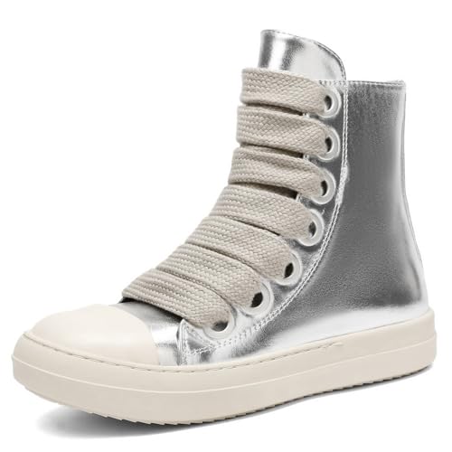 MOFEEDOUKA Damen-Sneaker, hohe Spitze, dicke Schnürsenkel, PU-Leder, bequeme Plateau-Wanderschuhe mit Reißverschluss, Silber 2, 40 EU von MOFEEDOUKA