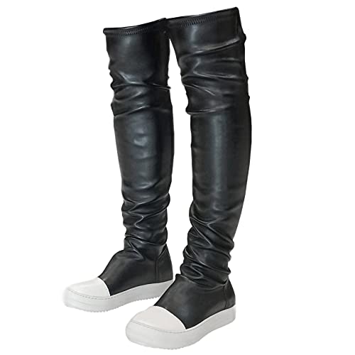 MOFEEDOUKA Oberschenkelhohe Stiefel für Damen, flache Overknee, runde Zehenpartie, Schwarz, 35.5 EU von MOFEEDOUKA