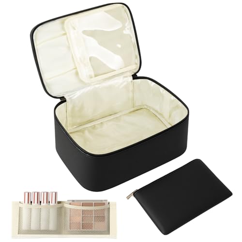 2 Stück Kosmetiktasche Damen Reise,Groß Kulturtasche Make Up Tasche, Tragbare Kulturbeutel Schminktasche Makeup Bag mit Griff und Abnehmbarem Trenner-Schwarz von MOFELON