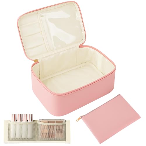 MOFELON Kosmetiktasche Damen Reise,2 Stück Groß Make Up Tasche,PU Leder Tragbare Kulturbeute Schminktasche Makeup Bag Cosmetic Bag mit Griff und Abnehmbarem Trenner(Gepudert) von MOFELON