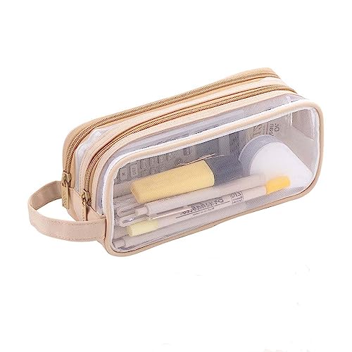 Großes Federmäppchen, transparent, 2 Fächer, Stifttasche, Schreibwaren-Beutel, Kosmetiktasche, Make-up-Tasche für Studenten, Schule, Uni, Büro, helles kaffebraun, Federmäppchen von MOFIC