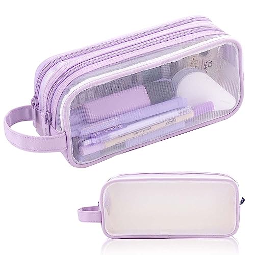 Großes Federmäppchen, transparent, 2 Fächer, Stifttasche, Schreibwaren-Beutel, Kosmetiktasche, Make-up-Tasche für Studenten, Schule, Uni, Büro, violett, Federmäppchen von MOFIC