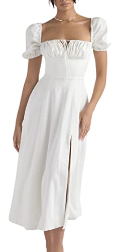 Frauen Sommer Krawatte Träger Split Midi Kleid Wrap Solid Blumendruck Ärmellos Rüschen Casual Vintage A Linie Strandkleid, B-weiß, M von MOFLORA