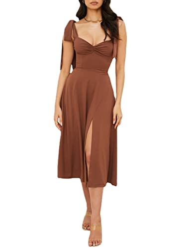 Frauen Sommer Krawatte Träger Split Midi Kleid Wrap Solid Blumendruck Ärmellos Rüschen Casual Vintage A Linie Strandkleid, Braun, S von MOFLORA