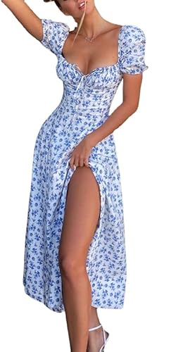 Frauen Sommer Krawatte Träger Split Midi Kleid Wrap Solid Blumendruck Ärmellos Rüschen Casual Vintage A Linie Strandkleid, Weiß-Blau, S von MOFLORA