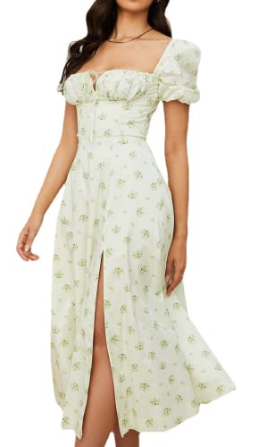 Frauen Sommer Krawatte Träger Split Midi Kleid Wrap Solid Blumendruck Ärmellos Rüschen Casual Vintage A Linie Strandkleid, Weiß-Gelb, M von MOFLORA