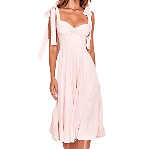 Frauen Sommer Krawatte Träger Split Midi Kleid Wrap Solid Blumendruck Ärmellos Rüschen Casual Vintage A Linie Strandkleid, rose, M von MOFLORA