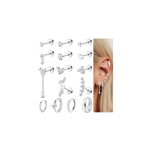 MOGASA Hypoallergene Helix Piercings Ohrringe Damen Daith Conch Piercing Tragus Flat Ohrringes Flatback Ohrstecker Ohrpiercing Chirurgenstahl Ohrringes Edelstahl Silber Set Pircingssets Ohr Gold von MOGASA