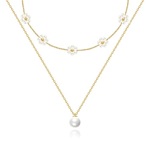 MOGASA Perlenkette Damen 14K Gold Layering Halskette Damen Wasserfest Blume Perlen Kette Damen Frauen Choker Kette Schmuck Gold von MOGASA