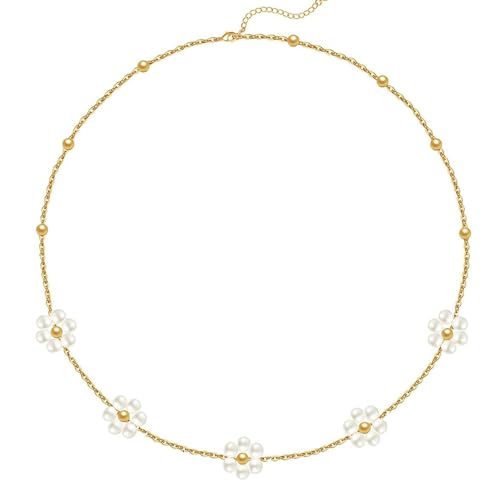 MOGASA Perlenkette Damen 14K Gold Layering Halskette Damen Wasserfest Blume Perlen Kette Damen Frauen Choker Kette Schmuck Gold von MOGASA