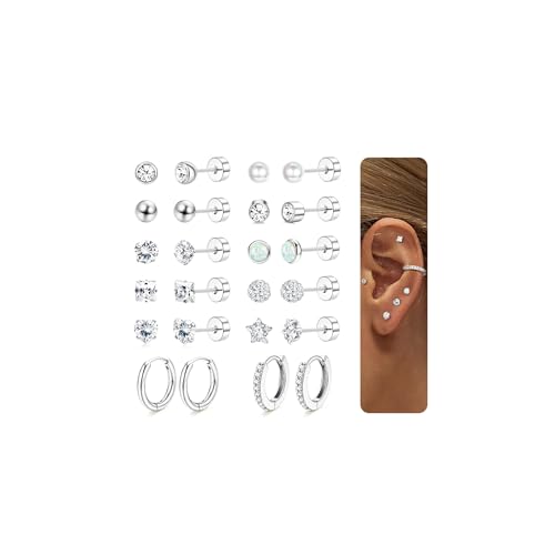 MOGASA 12 Paar Hypoallergene Chirurgenstahl Ohrringe Set für Damen Herren Knorpel Conch Tragus Helix Piercing Ohr Medizinische Ohrstecker und Creolen Set Silber Ohrringe Damen von MOGASA
