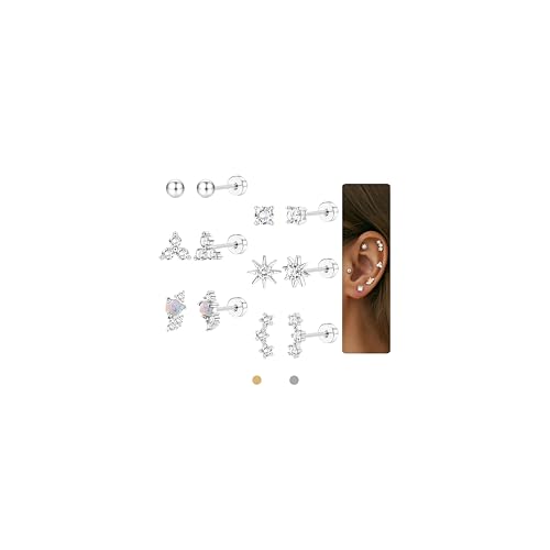 MOGASA 6Paar Hypoallergene Medizinische Ohrstecker für Damen 14K Vergoldet Ohrringe Set Cubic Zirkonia Chirurgenstahl Ohrringe Silber Gold Knorpel Conch Tragus Helix Piercing Ohr von MOGASA