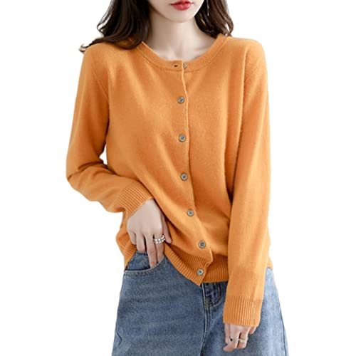 MOGSA Cardigan-Pullover Damen Strickjacken Pullover O-Ausschnitt Frühling Herbst Strick Kaschmir Strickjacken einreihig Damen Pullover - Ingwergelb, S (45-50) kg von MOGSA