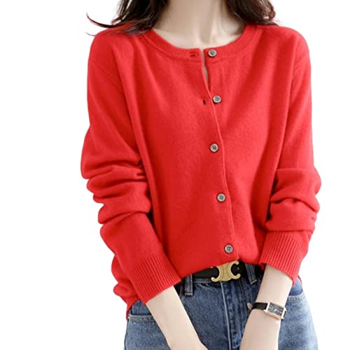 MOGSA Cardigan-Pullover Damen Strickjacken Pullover O-Ausschnitt Frühling Herbst Strick Kaschmir Strickjacken einreihig Damen Pullover - Rot, M (50-55) kg von MOGSA