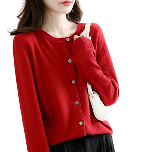 MOGSA Damen Cardigan-Pullover Strickjacke Pullover Rundhalsausschnitt Frühling Herbst Strickjacke Kaschmir einreihig - Burgunderrot, S (45-50) kg von MOGSA