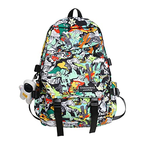 MOGSA Schultasche Harajuku Mädchen Männlich Schultasche Weiblicher Graffiti Druck Herren Rucksack Frauen Buch Junge Tasche Nylon Damen Mode Laptop Rucksack Student-Grün, keine Astronautenpuppe von MOGSA