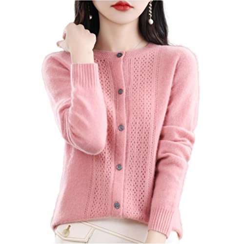 MOGSA Strickjacke Pullover Frühling und Herbst Ausgehöhlte Wolle Strickjacke Damen O-Ausschnitt Top Kaschmir Pullover Strick Nahtlos Bottoming Shirt Außenturm-Rosa,S von MOGSA