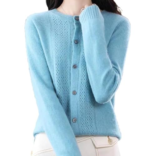 MOGSA Strickjacke Pullover Frühling und Herbst Ausgehöhlte Wolle Strickjacke Damen O-Ausschnitt Top Kaschmir Pullover Strick Nahtlos Bottoming Shirt Außenturm-Seeblau, M von MOGSA