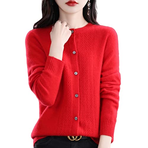 MOGSA Strickjacke Pullover Frühling und Herbst Hollow Out Wolle Strickjacke Damen O-Ausschnitt Top Kaschmir Pullover Strick Nahtlos Bottoming Shirt Außenturm-Chinesisch Rot,S von MOGSA