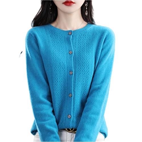 MOGSA Strickjacke Pullover Frühling und Herbst Hollow Out Wolle Strickjacke Damen O-Ausschnitt Top Kaschmir Pullover Strick Nahtlos Bottoming Shirt Außenturm-Meeresblau,S von MOGSA