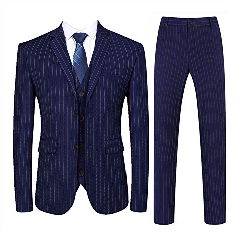 3-teiliger Herren-Anzug mit Nadelstreifen, schmale Passform, Freizeitkleid, Blazer + Weste + Hose, Marineblau, 48 von MOGU