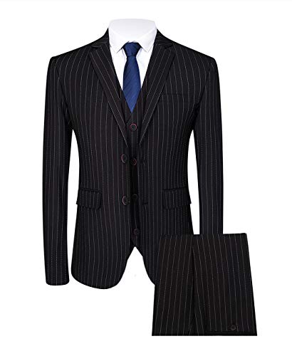 3-teiliger Herren-Anzug mit Nadelstreifen, schmale Passform, Freizeitkleid, Blazer + Weste + Hose, Schwarz, 50 von MOGU
