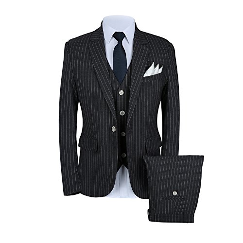 Herren-Anzug mit Nadelstreifen, 3-teilig, schmale Passform, Casual, Blazer, Weste und Hose - Schwarz - 46 von MOGU