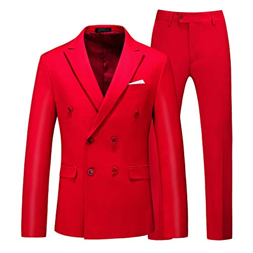 MOGU Herren 2-teiliger Anzug Slim Fit Zweireihiger Blazer und Hose, einfarbig, Abschlussball Smoking, rot, 46 von MOGU