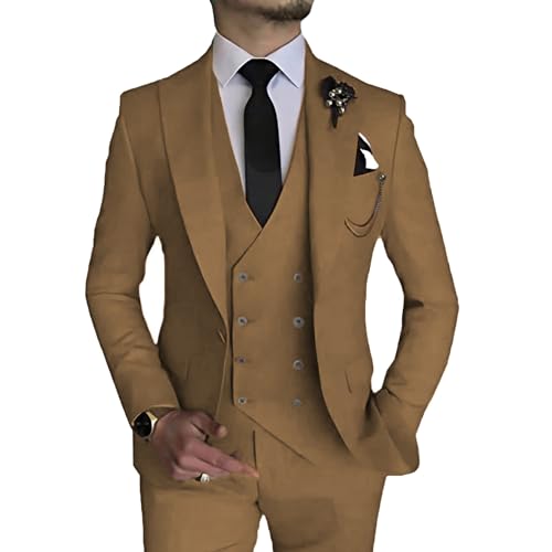 MOGU Herren 3-teiliger Anzug Slim Fit Smoking für Homecoming Hochzeit Abschlussball Blazer Jacke Weste Hose mit Krawatte Set, Braun, L von MOGU