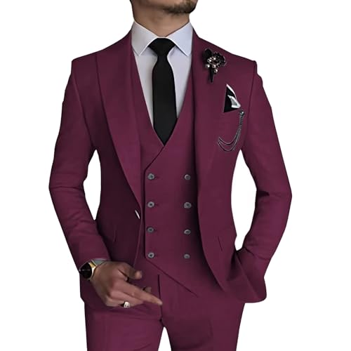 MOGU Herren 3-teiliger Anzug Slim Fit Smoking für Homecoming Hochzeit Abschlussball Blazer Jacke Weste Hose mit Krawatte Set, Burgunder, M von MOGU