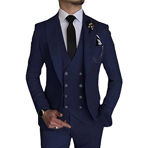 MOGU Herren 3-teiliger Anzug Slim Fit Smoking für Homecoming Hochzeit Abschlussball Blazer Jacke Weste Hose mit Krawatte Set, Marineblau, L von MOGU