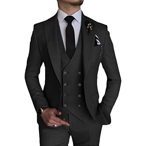 MOGU Herren 3-teiliger Anzug Slim Fit Smoking für Homecoming Hochzeit Abschlussball Blazer Jacke Weste Hose mit Krawatte Set, Schwarz, M von MOGU