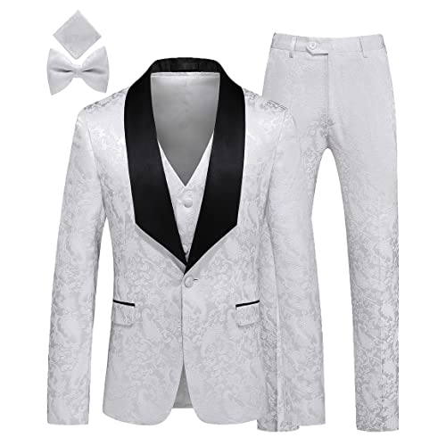 MOGU Herren 3-teiliger Smoking-Anzug, Slim Fit, Jacquard, Blumenmuster, Vintage-Stil, Trauzeugen, Hochzeit, Abschlussball, Weiß, 48 von MOGU