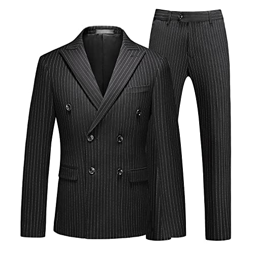 MOGU Herren-Anzug, 3-teilig, zweireihig, Nadelstreifen, schmale Passform, Smokingjacke, Weste, Hose für Business, Hochzeit, Abschlussball, Schwarz, 54 von MOGU