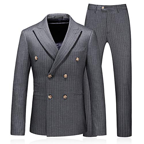 MOGU Herren-Anzug, zweireihig, Nadelstreifen, schmale Passform, Blazer, Jacke, Hose und Weste, hellgrau, 46 von MOGU