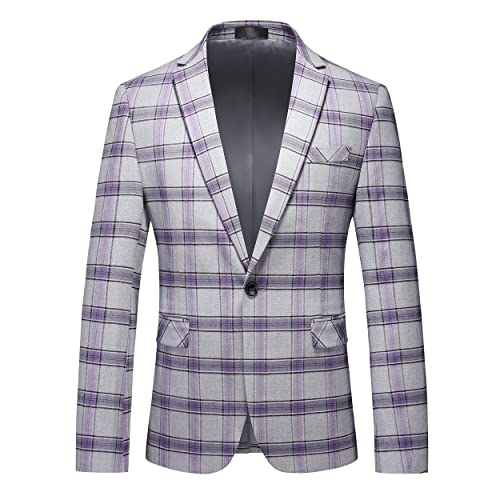 MOGU Herren Casual Anzug Blazer Jacken Slim Fit Plaid Sportmantel, Lila Grau, 48 von MOGU