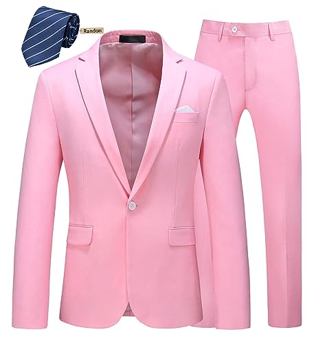 MOGU Herren Slim Fit 2-teiliger Anzug Ein-Knopf Revers Smoking für Abschlussball (Anzug Jacke + Hose), Helles Pink, 46 von MOGU