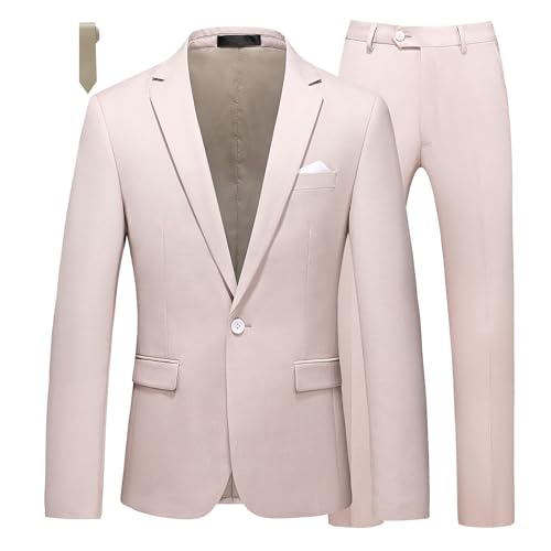 MOGU Herren Slim Fit 2-teiliger Anzug mit Ein-Knopf-Einkerbung, Revers, Smoking für Abschlussball (Anzug Jacke + Hose), beige, 44 von MOGU
