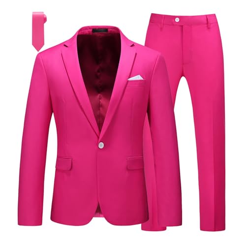 MOGU Herren-Smokinganzug, schmale Passform, 2-teilig, Ein-Knopf-Jacke und Hose, Set für Hochzeit, Abschlussball und formelle Veranstaltungen, Knallpink (Hot Pink), 54 von MOGU