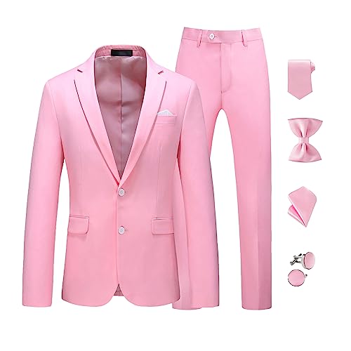 MOGU Herren Slim Fit Anzug 2-teilig Smoking für Abschlussball Business Hochzeit Tanz (Anzug Jacke + Hose), Hellrosa (mit Krawatten-Set), 50 von MOGU