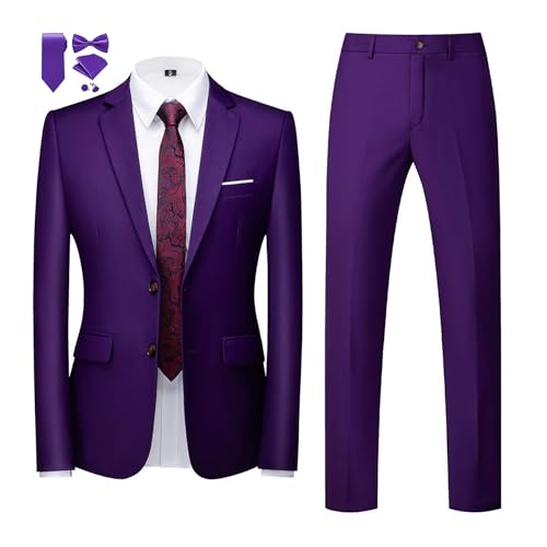 MOGU Herren Slim Fit Anzug 2-teilig Smoking für Abschlussball Business Hochzeit Tanz (Anzug Jacke + Hose), Violett, 48 von MOGU