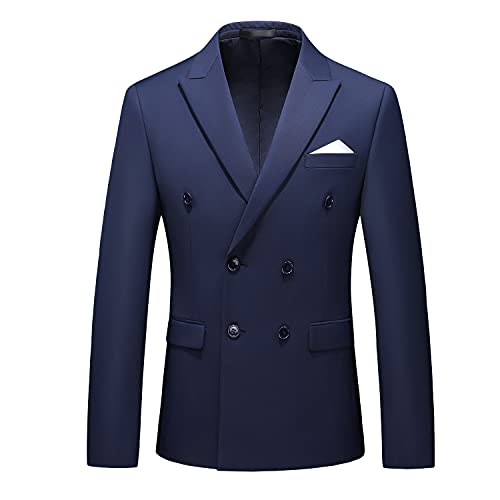 MOGU Herren Zweireihiger Blazer Slim Fit Einfarbig Anzugjacke, navy, 52 von MOGU